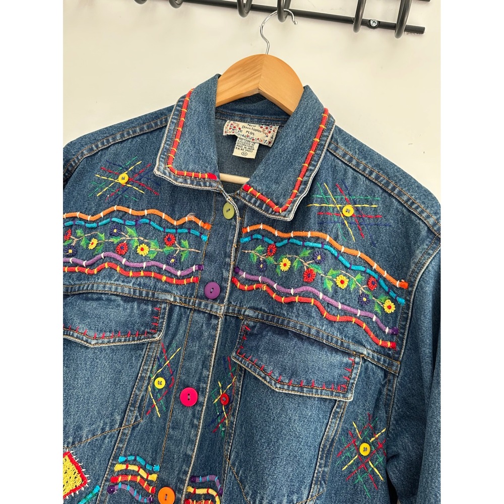 New Directions Vintage 90s Embroidered Denim Jacket Boho Floral 1X